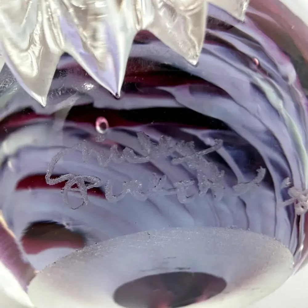 Hand Blown Art Glass Teapot Figurine Purple White Swirl Signed Mini Sculpture
